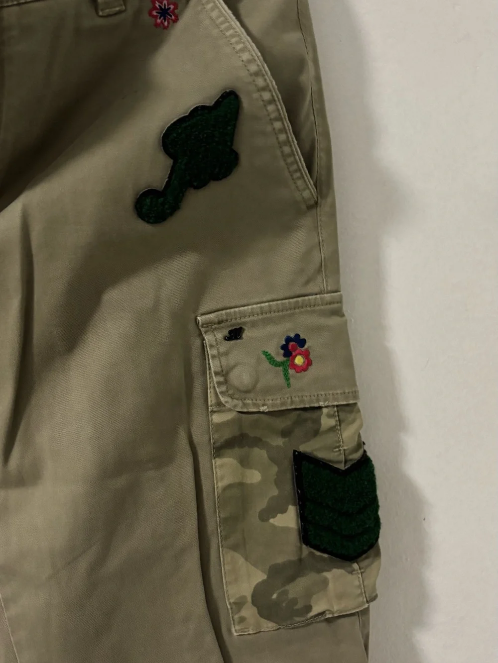 Mason Olive Cargo Pants with Floral & Patch Details